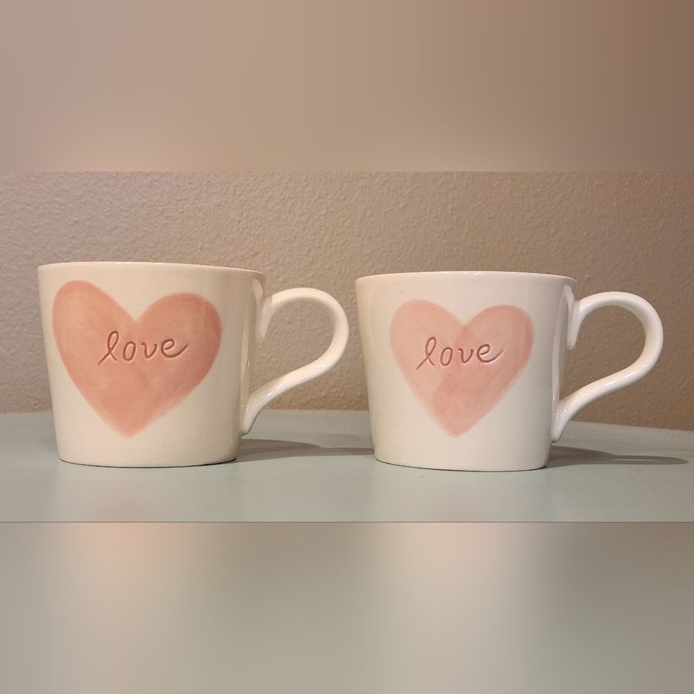 Pottery Barn Conversation Love Heart Mug Set of 2 White & Pink